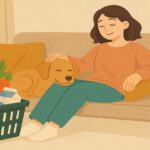 ソファで犬をなでながらくつろぐ女性と食品が入った買い物かご