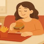 ファーストフード店でハンバーガーを楽しむ女性のイラスト