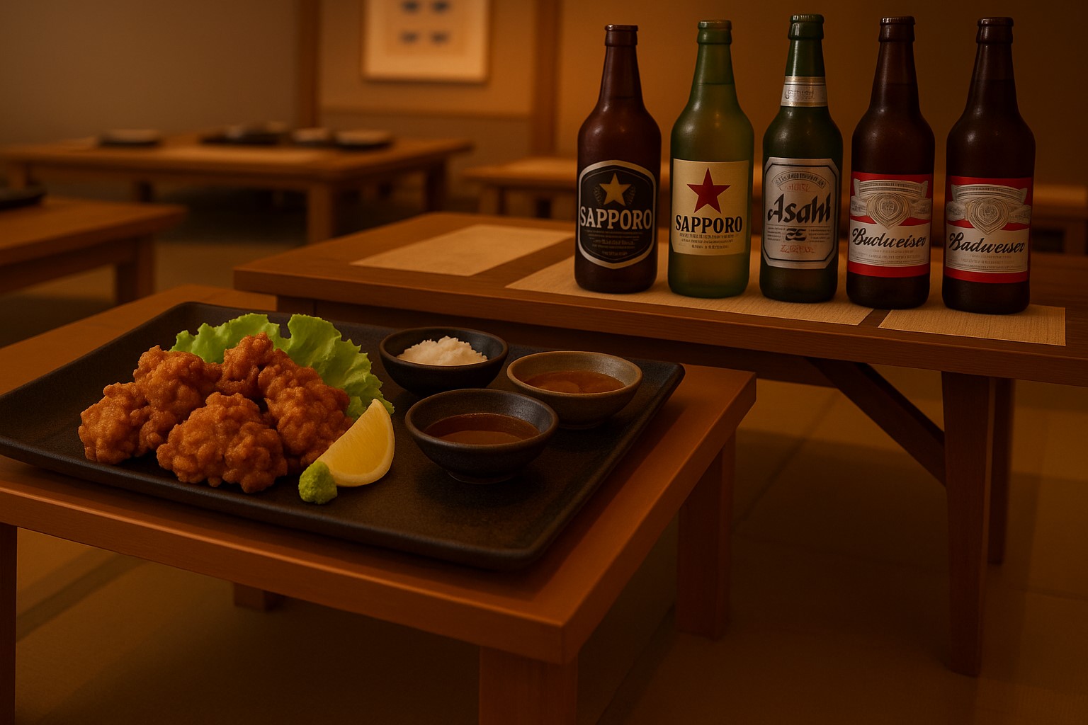 から揚げと共に並べられた様々なビールが映る居酒屋の室内