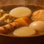 湯気が立ちのぼる美味しそうなおでんの盛り合わせ