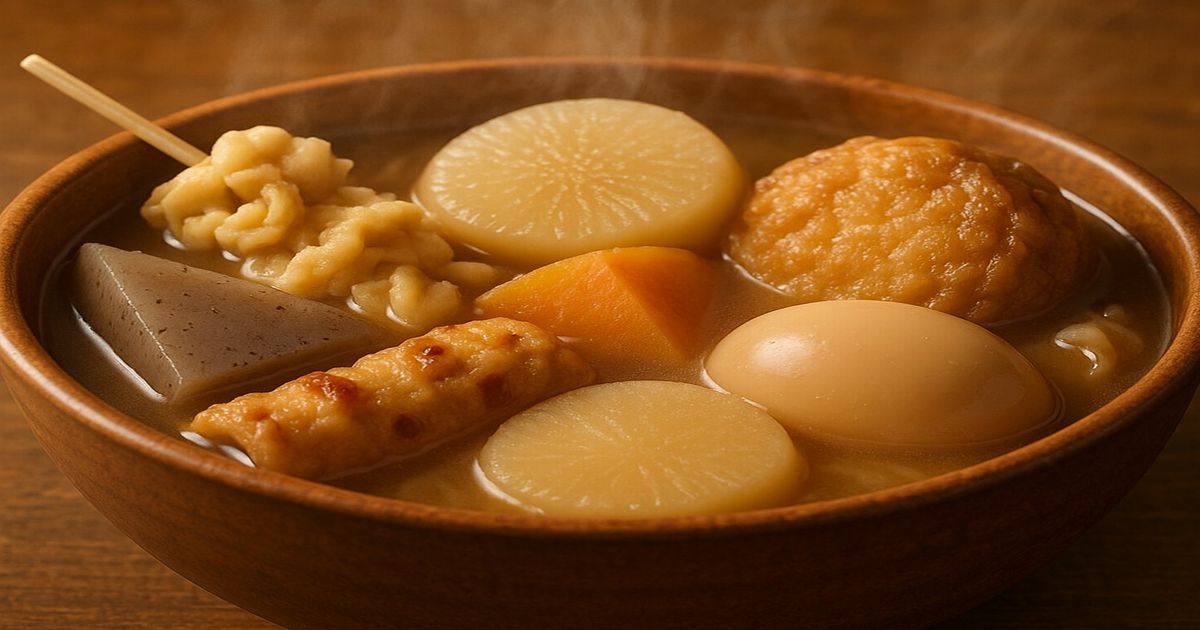 湯気が立ちのぼる美味しそうなおでんの盛り合わせ