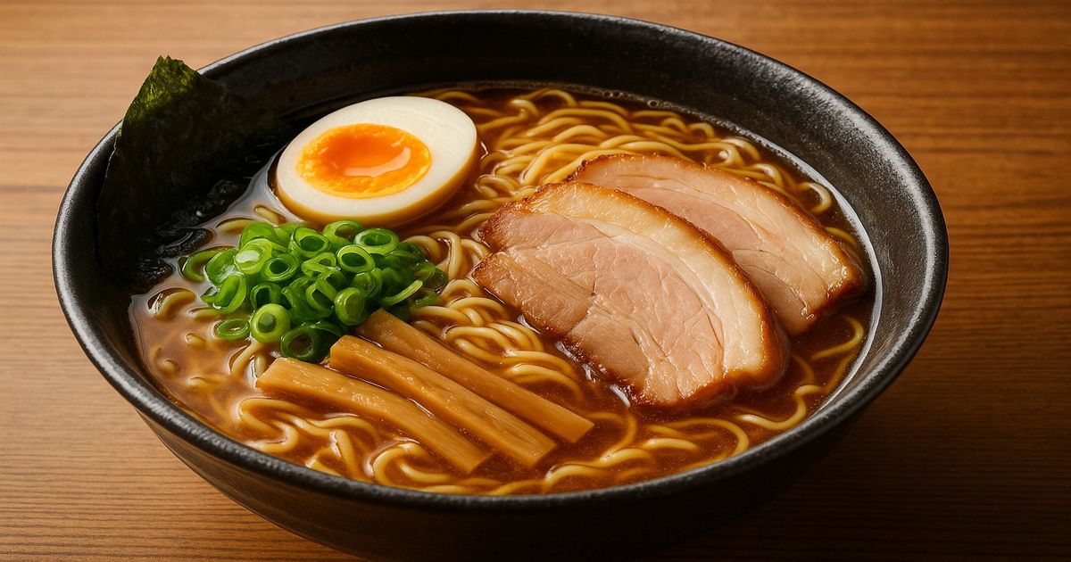 醤油ラーメンのアップ画像、チャーシュー、煮卵、メンマ、ネギ入り