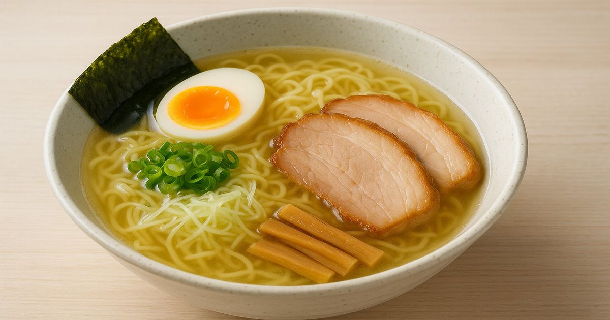 塩味の澄んだスープにチャーシュー、煮卵、ネギ、メンマがのった北海道風ラーメン