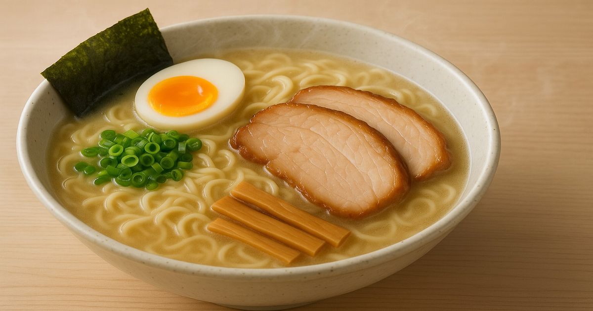 湯気の立つ豚骨醤油ラーメンの写真。チャーシュー、半熟卵、メンマ、青ねぎ、海苔がのっている。