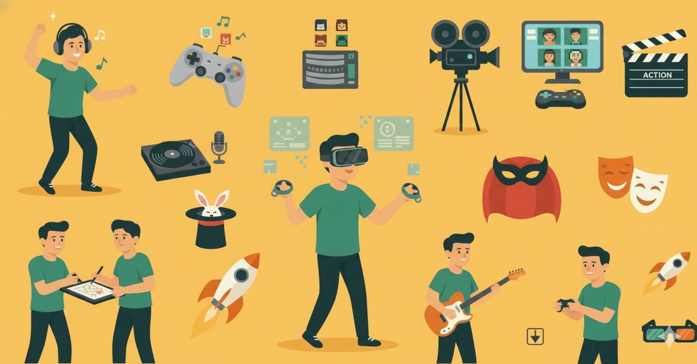 音楽・ゲーム・VR・映画・マジックなど多彩なエンタメ要素を象徴する人物とアイコンのイラスト