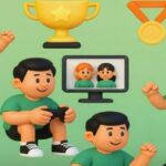 キャラクターたちがゲームやVR、ビデオ通話など様々な活動をしているイラスト