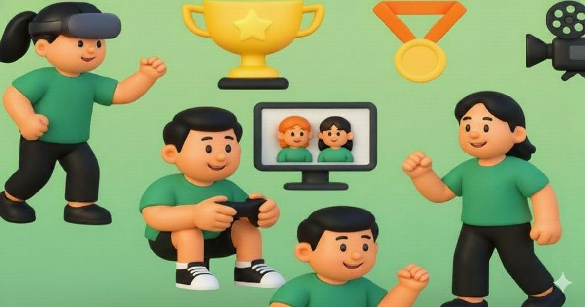 キャラクターたちがゲームやVR、ビデオ通話など様々な活動をしているイラスト