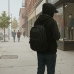 黒いパーカーとリュックを背負った人物が、ショーウィンドウを見つめて立っている。霧がかかった都市の通りで、奥に歩く人々や駐車中の車が見える。