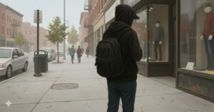 黒いパーカーとリュックを背負った人物が、ショーウィンドウを見つめて立っている。霧がかかった都市の通りで、奥に歩く人々や駐車中の車が見える。