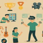 音楽・ゲーム・VR・映画・マジックなど多彩なエンタメ要素を象徴する人物とアイコンのイラスト