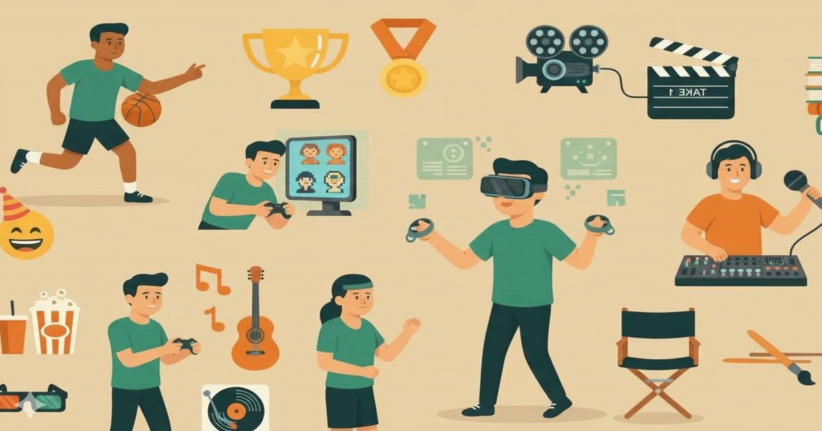 音楽・ゲーム・VR・映画・マジックなど多彩なエンタメ要素を象徴する人物とアイコンのイラスト