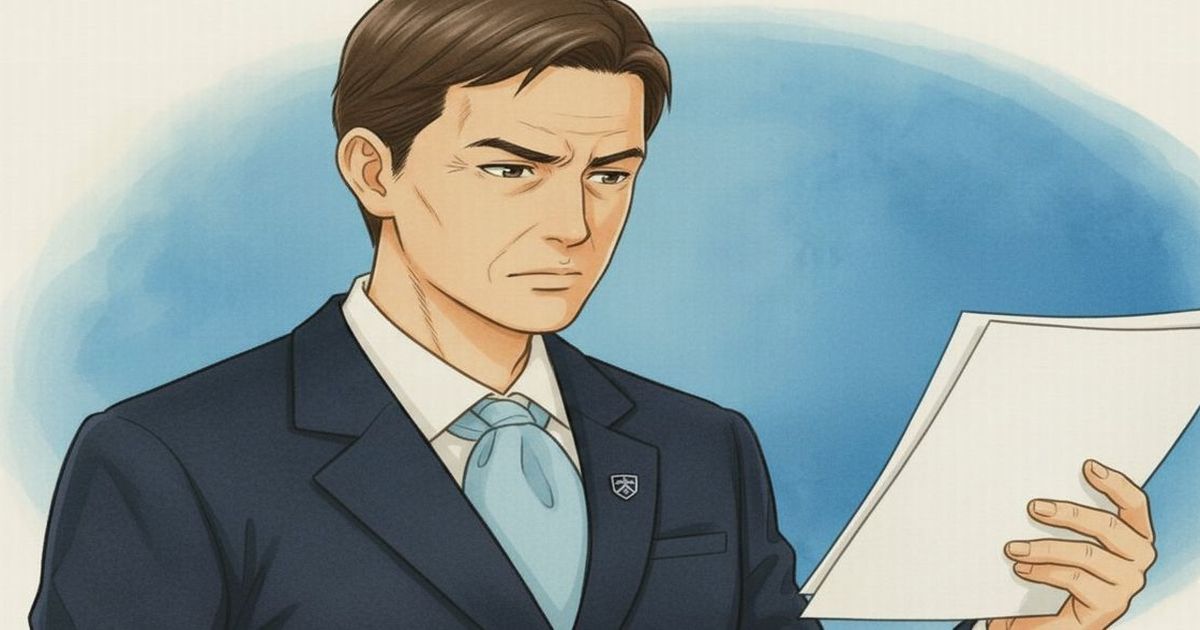スーツ姿の男性が真剣な表情で書類を見つめているイラスト
