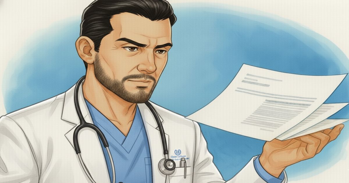 診断書を確認する男性医師のイラスト