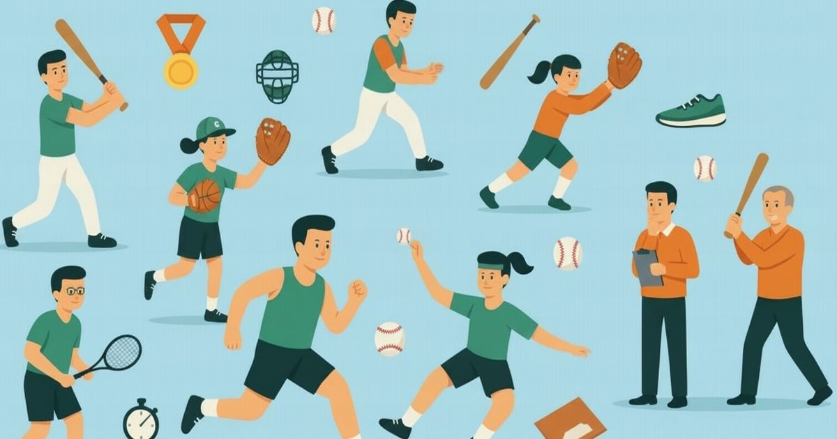 子どもたちが野球やテニス、陸上競技などを楽しんでいるスポーツイラスト