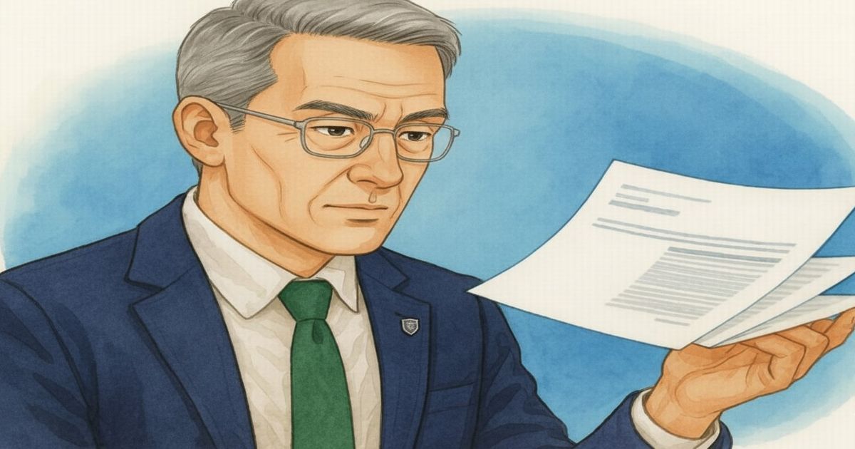 令和七年クマ被害急増の真相|死者過去最多12人の背景と対策を徹底解説 書類を確認するスーツ姿の中年男性ビジネスパーソンのイラスト