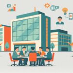 オフィスビルと会議をする社員のイラスト