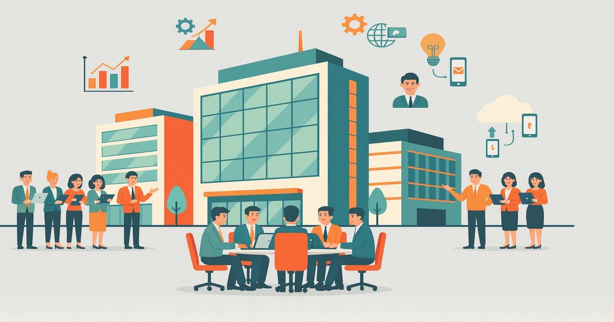 オフィスビルと会議をするビジネスマン・プレゼンする社員のイラスト