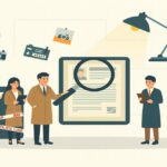 探偵や調査員が証拠を調べるシーンを描いたイラスト、指紋やカメラなどのアイコン付き