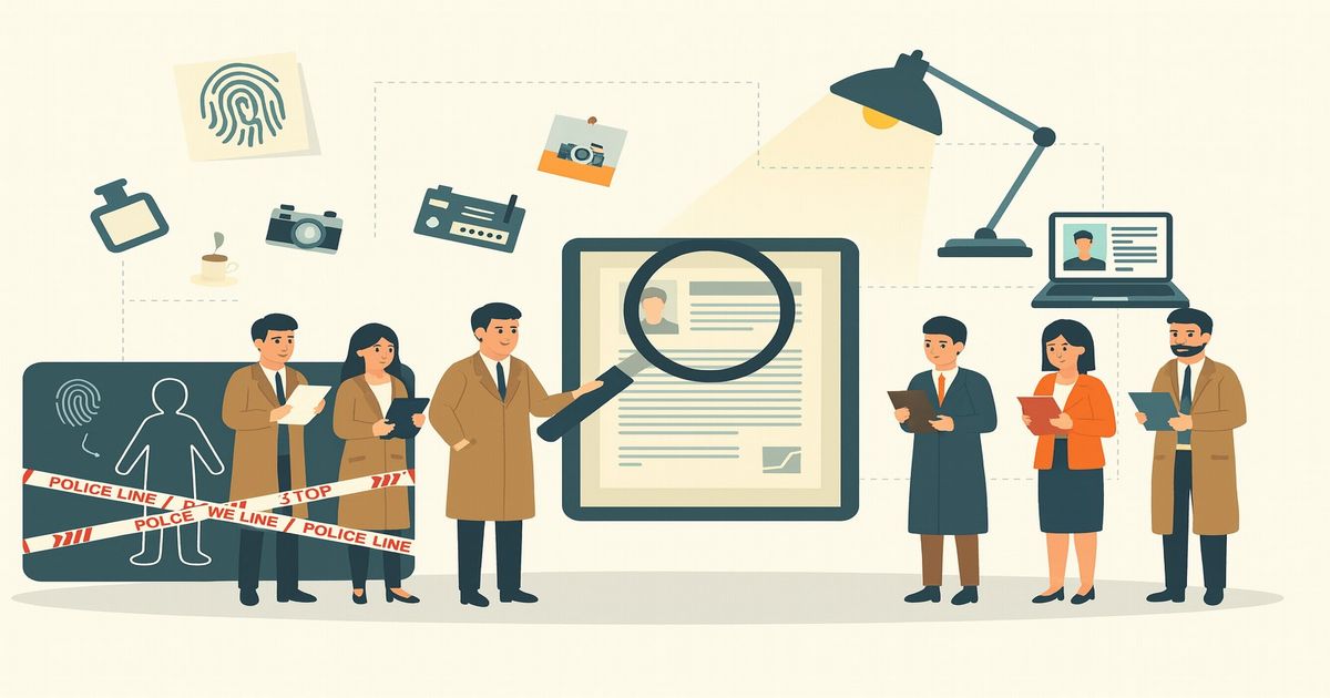 探偵や調査員が証拠を調べるシーンを描いたイラスト、指紋やカメラなどのアイコン付き