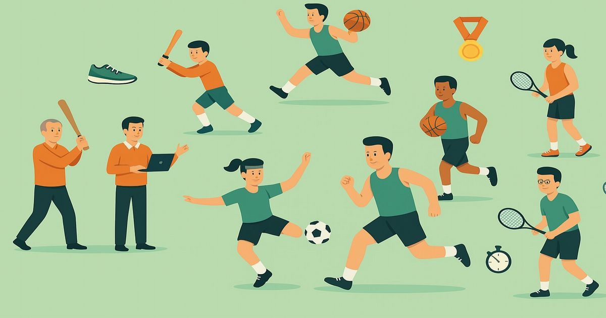さまざまなスポーツに取り組む子どもとコーチたちのイラスト