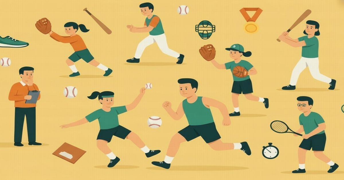 子どもたちが野球やテニス、陸上競技などを楽しんでいるスポーツイラスト