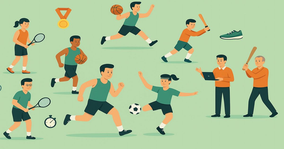 サッカー・バスケットボール・テニス・野球をする人物のスポーツイラスト