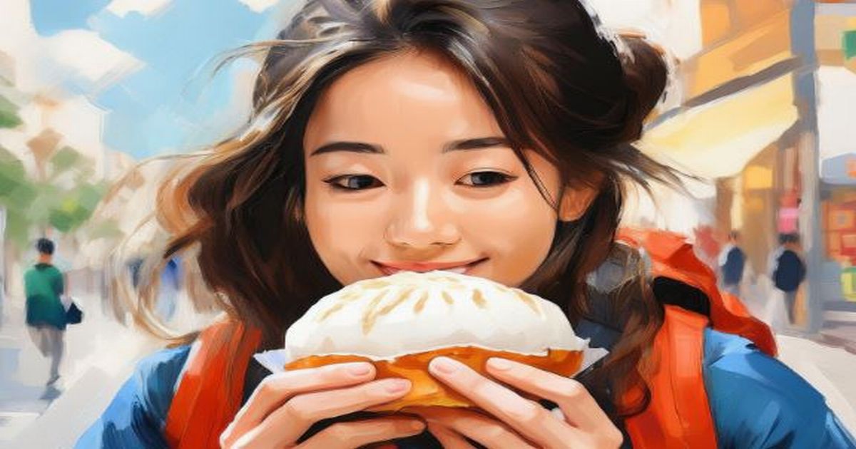 おでんの価格高騰に直面する若い女性が、肉まんを笑顔で口にする様子」