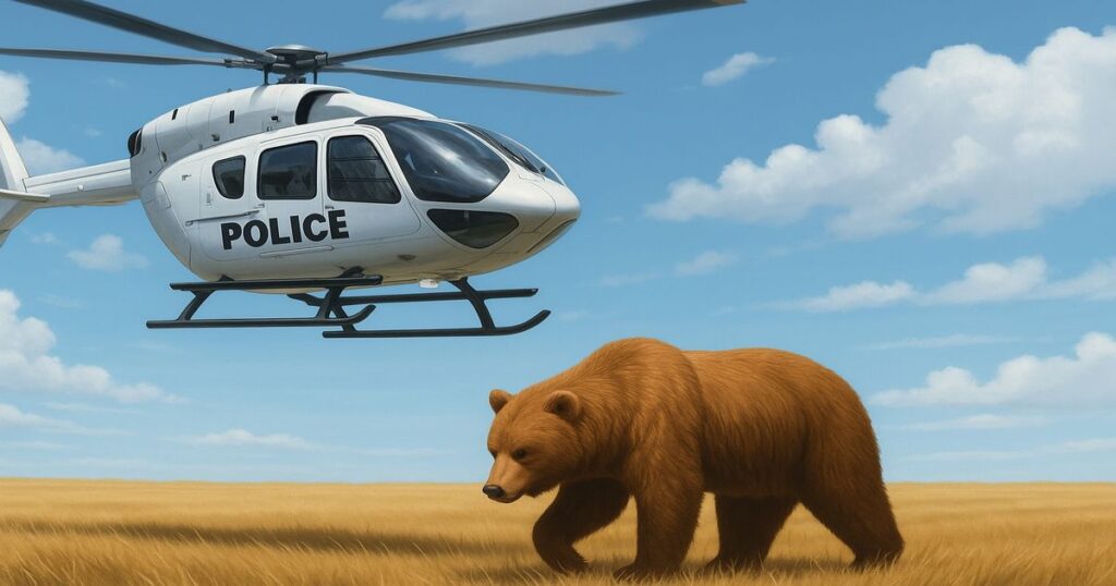 警察ヘリコプターが草原でクマを追跡する様子