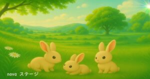 緑の草原に3匹のウサギが並ぶ穏やかな風景。春の光が差し込む中、「novaステージ」の文字が入った共通アイキャッチ画像。
