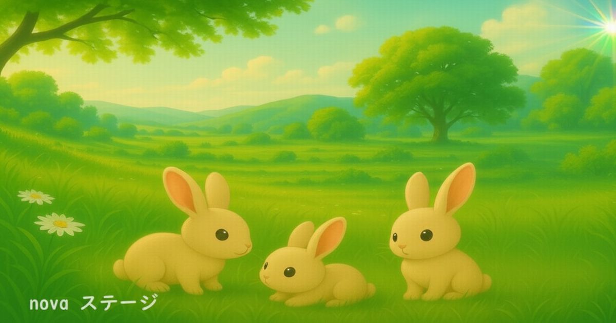 緑の草原に3匹のウサギが並ぶ穏やかな風景。春の光が差し込む中、「novaステージ」の文字が入った共通アイキャッチ画像。