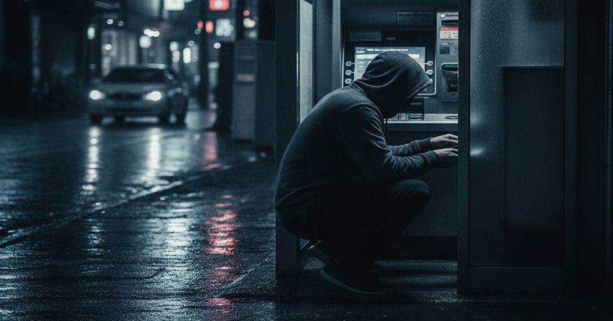 深夜の街でフードを被った人物がATMを操作している様子。詐欺や不正利用を連想させる緊迫した場面。