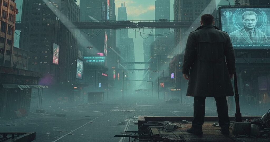 黒いコートを着たた人物が、屋外のモニターを見つめて立っている。