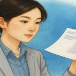 スーツ姿の女性が資料を手に取り真剣に読み込んでいるイラスト