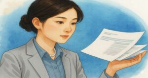 スーツ姿の女性が資料を手に取り真剣に読み込んでいるイラスト