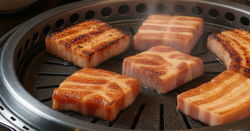 厚切り豚バラを網で焼く焼肉の様子。表面にこんがり焼き目がついたジューシーな肉が並ぶ。