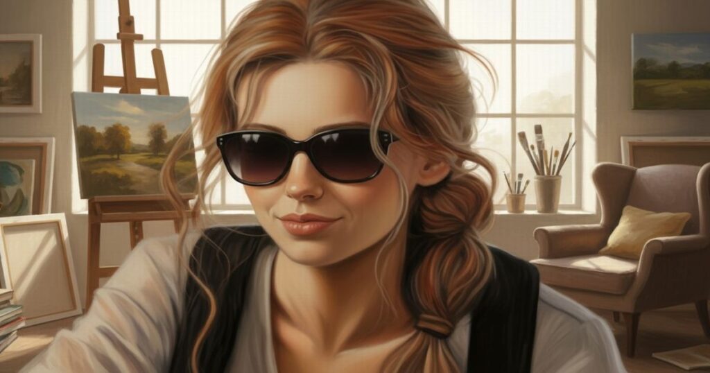 サングラスをかけた女性アーティストがアトリエで微笑む様子