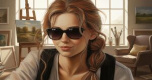 サングラスをかけた女性アーティストがアトリエで微笑む様子