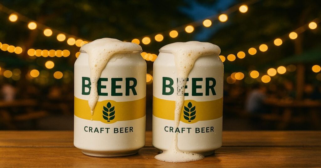 ビアガーデンのテーブルに並んだ吹きこぼれるクラフトビール缶の写真