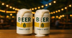 ビアガーデンのテーブルに並んだ吹きこぼれるクラフトビール缶の写真