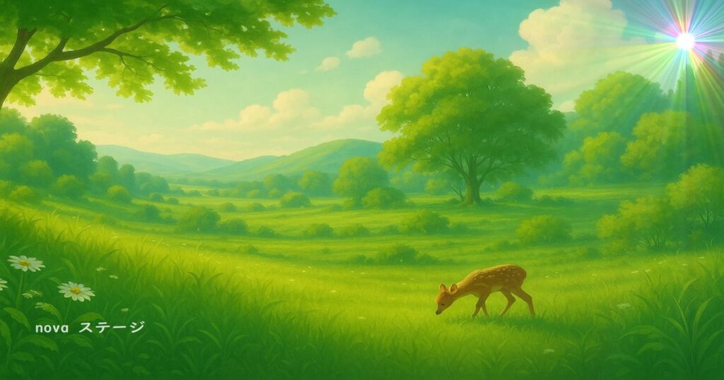 「やわらかな光が差し込む草原に、小さなバンビが静かに草を食む様子。倒産後の再出発を象徴する希望の光が差す風景。」