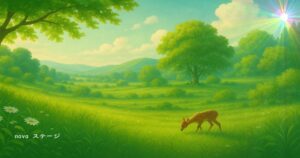 「やわらかな光が差し込む草原に、小さなバンビが静かに草を食む様子。倒産後の再出発を象徴する希望の光が差す風景。」