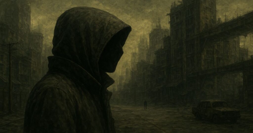 荒廃した都市を背景にフードを被った人物が立つシルエット