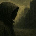 荒廃した都市を背景にフードを被った人物が立つシルエット