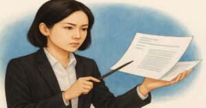 書類を指し示しながら真剣な表情で説明するスーツ姿の女性
