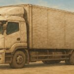 埃をかぶった大型トラックがアニメ風に描かれたイラスト