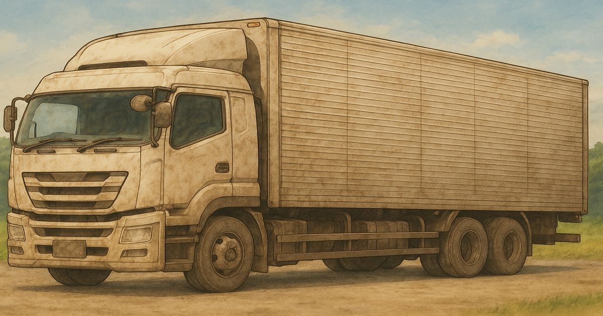 埃をかぶった大型トラックがアニメ風に描かれたイラスト