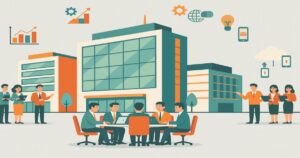 オフィス街で働くビジネスパーソンのイラスト。会議や情報共有を行う人々が描かれた汎用ビジネスシーン。