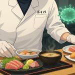 調理中の料理人と食品衛生リスクを示すウイルスイラストのアニメ風画像