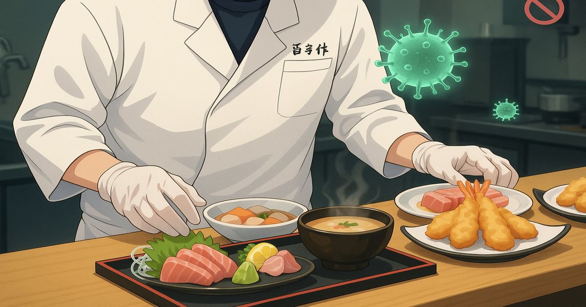 調理中の料理人と食品衛生リスクを示すウイルスイラストのアニメ風画像