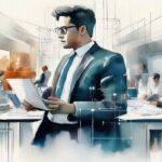 オフィスで資料を確認するビジネスパーソンと会議中の同僚たちを描いたビジネスシーンのイラスト